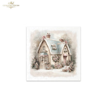 Load image into Gallery viewer, A square decorative print or card featuring a whimsical winter cottage illustration in soft pastel tones, with floral details and snow around the house. The artwork is centered on a white background, and the text 'Ash Collection' appears in the top left corner.