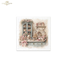 Load image into Gallery viewer, A square decorative print or card featuring a vintage bakery interior scene with a blue cabinet, floral arrangements, glass domes, pastries, and pink ribbons, centered on a white background. The text 'Ash Collection' appears in the top-left corner.