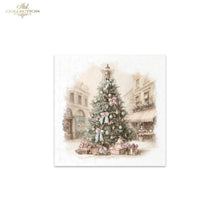 Load image into Gallery viewer, A square decorative print or card featuring a vintage-style illustration of a decorated Christmas tree in a softly lit street scene, with gift boxes at the base. The artwork is centered on a white background, with a small 'Ash Collection' logo in the top-left corner.