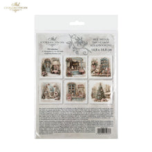 Load image into Gallery viewer, A packaged craft paper sheet from the 'Mel Collection' featuring six vintage-style winter house and Christmas tree illustrations. The sheet is sealed in a clear plastic hanging bag with printed product details, including dimensions (14.
