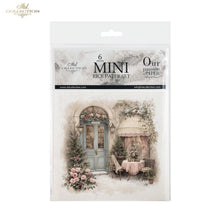Load image into Gallery viewer, A packaged set of six mini rice papers from the 'Our Passion Paper' collection by 'Ald Collection'. The packaging features a vintage illustration of a romantic outdoor cafe scene with a blue door, pink roses, and a table with a pink tablecloth.