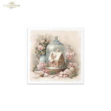 Load image into Gallery viewer, A square decorative print or card featuring a vintage still life illustration with a small gingerbread house under a glass cloche, pink flowers, and candy, centered on a white background. The top-left corner of the overall image shows the text 'Ash Collection' as a brand mark.