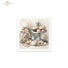 Load image into Gallery viewer, A square art print featuring a vintage-style illustration of a tea-time scene with cupcakes, macarons, a small house, and teapots on a pedestal stand, shown against a light neutral background with a 'Ash Collection' logo in the top-left corner.