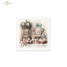 Load image into Gallery viewer, A square decorative print or card featuring a vintage-style dessert and gift arrangement in soft pastel tones, centered on a white background. The artwork includes cupcakes, a jar of pink candies, wrapped presents, flowers, and a lantern.