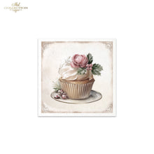 Load image into Gallery viewer, A square art print featuring a vintage-style illustration of a frosted cupcake with a pink rose and green leaves on a saucer, shown against a light neutral background. The print has a white border and is displayed on a white background with a 'Mel Collection' logo in the top-left corner.