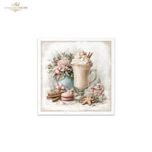 Load image into Gallery viewer, A square framed art print featuring a vintage-style illustration of a hot chocolate mug topped with whipped cream and cinnamon sticks, surrounded by pink flowers, a macaroni, and gingerbread cookies on a soft cream background. The print is shown against a white backdrop with a 'Ash Collection' logo in the top-left corner.