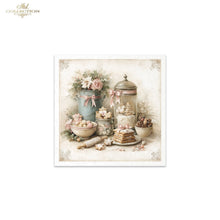 Load image into Gallery viewer, A square framed art print featuring a vintage still life illustration with flowers, a tin canister, a glass jar, pastries, and small bowls on a cream background. The print is centered on a white background, with 'Ash Collection' branding in the top-left corner.