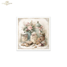 Load image into Gallery viewer, A square decorative art print featuring a vintage still life scene with pastel-colored jars, flowers, cookies, and ribbons on a cream background. The print is centered on a white canvas with a small 'Ash Collection' logo in the top-left corner.