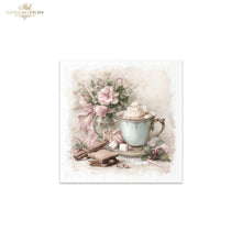 Load image into Gallery viewer, A square decorative print or card featuring a vintage still life illustration with a light blue teacup, pink flowers, a pink ribbon, cookies, and a key on a soft cream background. The top-left corner of the overall image shows the text 'Ash Collection' in a small gold font.