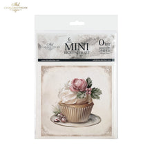 Load image into Gallery viewer, A packaged set of six mini rice papers from the 'Ade Collection' featuring a vintage-style illustration of a cupcake with a pink rose on a plate, inside a clear plastic hanging bag.