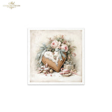 Load image into Gallery viewer, A square framed art print featuring a vintage-style illustration of a heart-shaped box adorned with lace, surrounded by pink roses, a blue ribbon, and small decorative gifts on a soft cream background. The print is shown against a white backdrop with a 'Mel Collection' logo in the top-left corner.