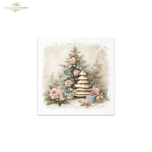 Load image into Gallery viewer, A square decorative print or card featuring a vintage Christmas scene with a decorated tree, a tiered cake, roses, and gift boxes, centered on a white background. The top-left corner of the overall image shows a small 'Ash Collection' logo.