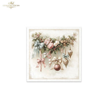 Load image into Gallery viewer, A square art print featuring a vintage Christmas wreath with pink and white flowers, green foliage, and hanging ornaments, shown on a clean white background with a small 'Ash Collection' logo in the top-left corner.