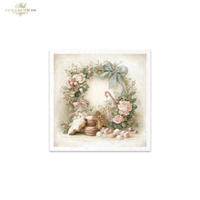 Load image into Gallery viewer, A square decorative art print or card featuring a vintage holiday wreath with pink roses, a mint green bow, a gingerbread cookie, a candy cane, and small pink treats on a cream background. The print is centered on a white canvas with a small 'Ash Collection' logo in the top-left corner.