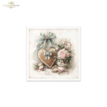 Load image into Gallery viewer, A square framed art print from Ash Collection featuring a vintage-style illustration of a gingerbread heart with a blue bow, pink roses, macarons, and a small bird on a soft cream background.