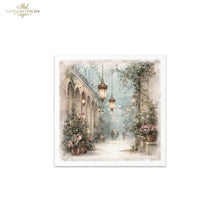 Load image into Gallery viewer, A square art print featuring a watercolor-style scene of a softly lit garden walkway with hanging lanterns, potted flowers, and distant figures, shown centered on a white background. The brand name 'Ash Collection' appears in the top-left corner.
