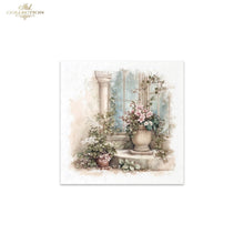 Load image into Gallery viewer, A square art print featuring a watercolor-style illustration of a classical stone window with a large urn filled with pink flowers, green vines, and a column. The print is shown centered on a white background with a small 'Ash Collection' logo in the top-left corner.