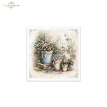 Load image into Gallery viewer, A square decorative art print or card featuring a vintage-style painted scene with potted plants, flowers, and lanterns in soft muted tones. The print is centered on a white background, with a small 'Ade Collection' logo in the top-left corner.