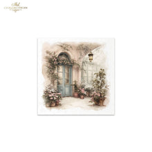 Load image into Gallery viewer, A square art print featuring a watercolor-style French courtyard scene with a blue door, potted plants, climbing flowers, and a hanging lantern, shown on a white background with a small 'Ash Collection' logo in the top left corner.