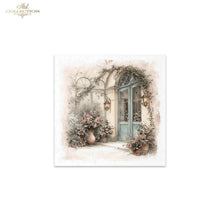 Load image into Gallery viewer, A square art print featuring a watercolor-style illustration of a quaint French courtyard with a blue door, climbing vines, potted flowers, and warm lanterns. The print is presented on a clean white background with a 'Ash Collection' logo in the top-left corner.