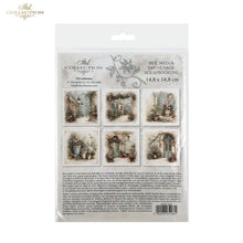 Load image into Gallery viewer, A packaged sheet of decorative scrapbooking papers from the 'Art Collection' by ITD Collection. The clear plastic packaging displays six square designs featuring vintage, weathered stone archways, floral gardens, and rustic architectural details in muted beige, green, and gray tones.