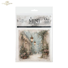 Load image into Gallery viewer, A packaged set of six mini rice paper sheets from Ash Collection, featuring a vintage-style illustration of a romantic garden archway scene with hanging lanterns and potted flowers.