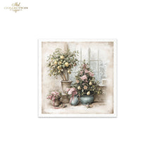 Load image into Gallery viewer, A framed vintage-style floral art print featuring potted plants, flowers, and a window scene in soft muted tones, shown against a light gray background. The brand name 'Ash Collection' appears in the top left corner.