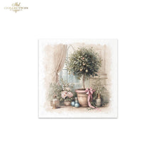 Load image into Gallery viewer, A square decorative art print from Ash Collection featuring a vintage-style illustration of a potted topiary tree with a pink ribbon, surrounded by flowers, lanterns, and small decorative vases near a window.