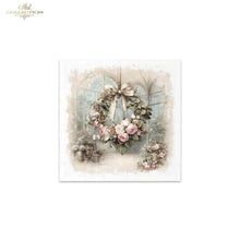 Load image into Gallery viewer, A square decorative art print featuring a vintage-style floral wreath with pink roses, green leaves, and a beige ribbon bow in front of a softly blurred window. The print is centered on a white background, with a small 'Ash Collection' logo in the top-left corner.