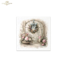 Load image into Gallery viewer, A square decorative art print or card featuring a vintage-style floral wreath hanging in front of an arched window, with pink and cream flowers arranged below. The print is centered on a white background, and a small 'Ash Collection' logo appears in the top-left corner.