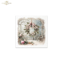 Load image into Gallery viewer, A square decorative art print or card featuring a vintage-style floral wreath with pink ribbon, hanging in front of a softly painted greenhouse or conservatory scene. The artwork has a distressed, watercolor-like border and includes the text 'Ash Collection' in the top-left corner of the overall image.