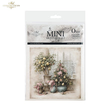 Load image into Gallery viewer, A packaged set of six mini rice paper sheets from Ash Collection, featuring a vintage-style illustration of potted plants and flowers in soft beige, pink, and green tones.