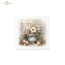 Load image into Gallery viewer, A square decorative art print or card from Ash Collection featuring a vintage floral arrangement in a blue-gray pot with pink and white flowers, set against a soft beige window background.