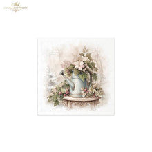Load image into Gallery viewer, A square decorative art print featuring a vintage light blue watering can filled with pink flowers and green leaves, displayed on a small ornate table against a soft cream background. The print is shown centered on a white background with a 'Mel Collection' logo in the top-left corner.