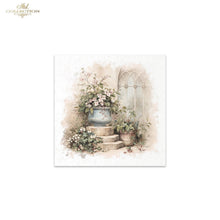 Load image into Gallery viewer, A square art print featuring a watercolor-style illustration of a blue planter with white flowers on stone steps beside a pale arched window, shown against a white background with a small 'Ash Collection' logo in the top left.