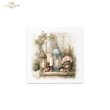 Load image into Gallery viewer, A square decorative art print featuring a vintage still life scene with two lanterns, candles, flowers, and pumpkins on a shelf, shown against a white background with a small 'Ash Collection' logo in the top-left corner.
