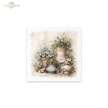 Load image into Gallery viewer, A square decorative art print featuring a vintage watercolor illustration of potted plants and flowers on a shelf, shown against a clean white background. The print has a distressed, aged border and is labeled with 'Ash Collection' in the top left corner.