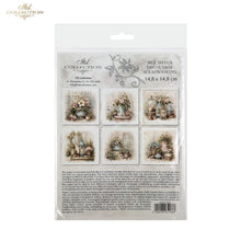 Load image into Gallery viewer, A packaged sheet of decorative scrapbooking paper from the 'Art Collection' by ITD Collection. The clear plastic packaging shows a printed insert with six vintage-style floral and lantern illustrations, dimensions of 14.