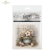 Load image into Gallery viewer, A packaged set of six mini rice paper sheets from Ash Collection, featuring a vintage-style illustration of a flower pot with pink and white flowers, green foliage, and a soft beige background.