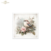Load image into Gallery viewer, A square framed art print featuring a small bird perched among pink flowers and green leaves, with a faint birdcage and soft vintage background. The print is shown centered on a white background, with a small 'Ash Collection' logo in the top-left corner.