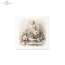 Load image into Gallery viewer, A square decorative art print featuring a vintage-style illustration of a glass cloche dome over pink flowers, with a small blue bird perched beside it. The print is centered on a white background, with a small 'Ash Collection' logo in the top-left corner.