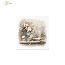 Load image into Gallery viewer, A square decorative art print featuring a vintage-style illustration of a floral arrangement in a blue vase, a small bird, a glass cloche, and a silver ornament on a shelf, shown against a white background with Ash Collection branding in the top left.