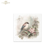 Load image into Gallery viewer, A square art print featuring a small bird perched on a floral wreath with pink blossoms and green leaves, shown against a white background with a faint decorative frame. The top-left corner includes the text 'Ash Collection'.