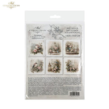 Load image into Gallery viewer, A packaged sheet of decorative scrapbooking paper from the 'Art Collection' by Magazines &amp; Papers. The product is sealed in a clear plastic hanging bag, showing a printed front card with six vintage-style floral and bird illustrations and product details.