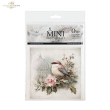 Load image into Gallery viewer, A packaged set of six mini rice paper sheets from Ink Collection, featuring a vintage-style illustration of a bird perched on a floral branch with a birdcage in the background.