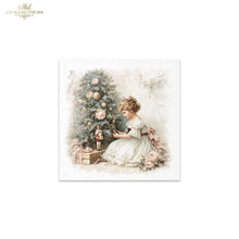 Load image into Gallery viewer, A square decorative print or card featuring a vintage-style illustration of a young girl in a white dress sitting beside a decorated Christmas tree with pink flowers and a nutcracker, shown on a white background with the text 'Ash Collection' in the upper left.