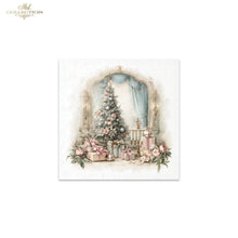 Load image into Gallery viewer, A square decorative print or card featuring a vintage-style Christmas scene with a decorated tree, blue draped window curtains, pink floral arrangements, and wrapped gifts in soft pastel tones. The artwork is centered on a white background, with a small 'Ash Collection' logo in the upper left corner.