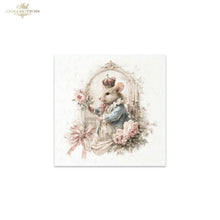 Load image into Gallery viewer, A square art print featuring a whimsical illustration of a small mouse dressed in a blue gown and crown, surrounded by pink roses and a decorative arch, shown on a white background with a 'Ash Collection' logo in the top-left corner.