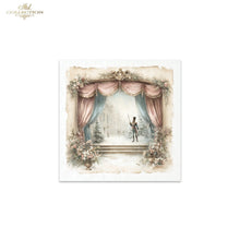 Load image into Gallery viewer, A square art print or card featuring a watercolor-style illustration of a snowy stage with pink curtains, floral garlands, and a small figure standing on the stage. The print is centered on a white background, with a small 'Ash Collection' logo in the top-left corner.