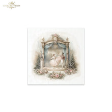 Load image into Gallery viewer, A square decorative art print from Ash Collection featuring a ballet scene with a ballerina in a pink tutu and a male dancer under a classical stage arch with blue drapery and floral accents, centered on a white background.